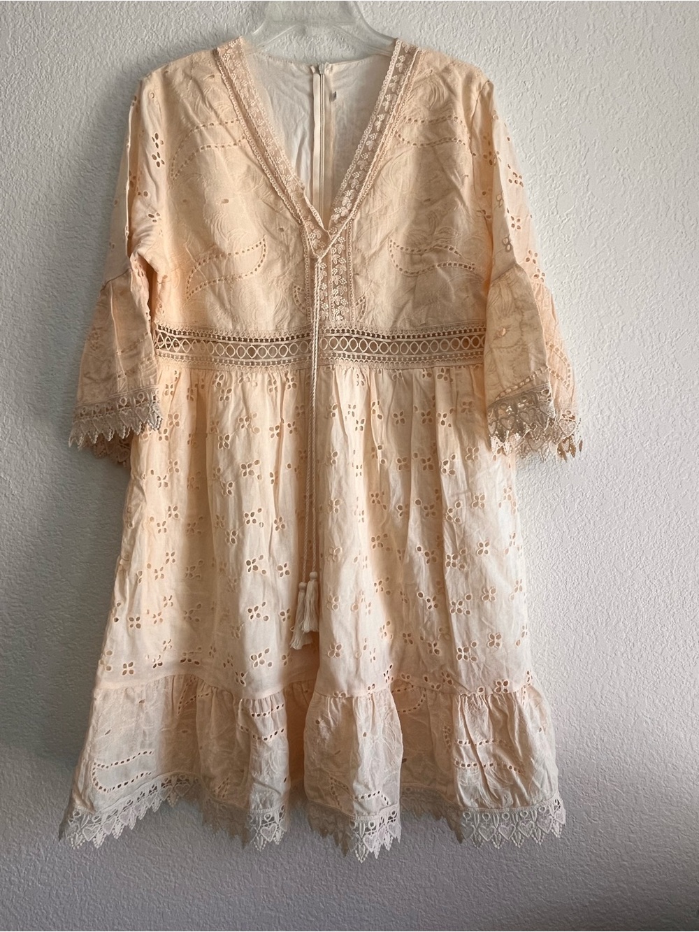 Cream Eyelet Lace Casual Dress with Tassel Tie